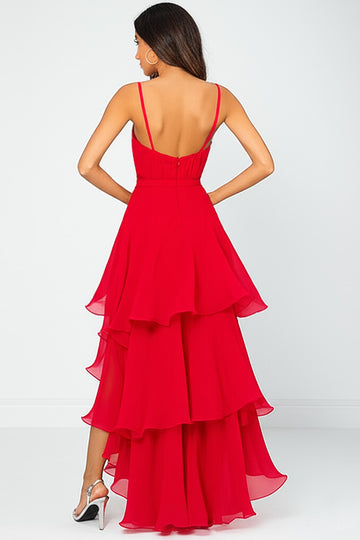 Ruffled Tiered Red Chiffon Spaghetti Straps Formal Dress